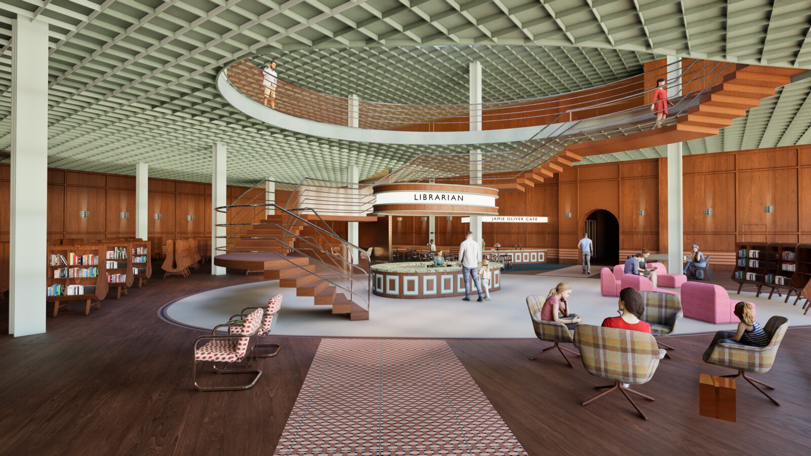 Books for Everyone — rendered interior of a Penguin-themed library and emporium